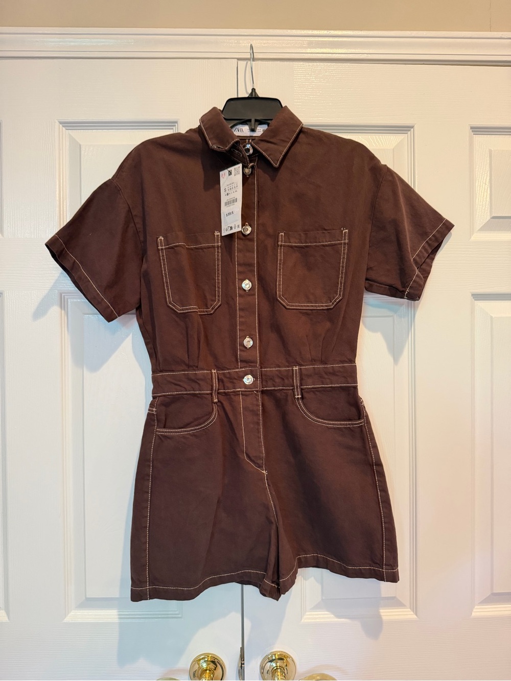NWT ZARA Brown Denim Contrast Stitch Utility Romper Playsuit S
